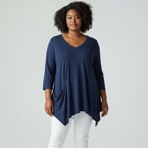 Fresh Produce Ella Jersey Slub Knit Black Navy Shark Bite Assymetrical Hem, 1X